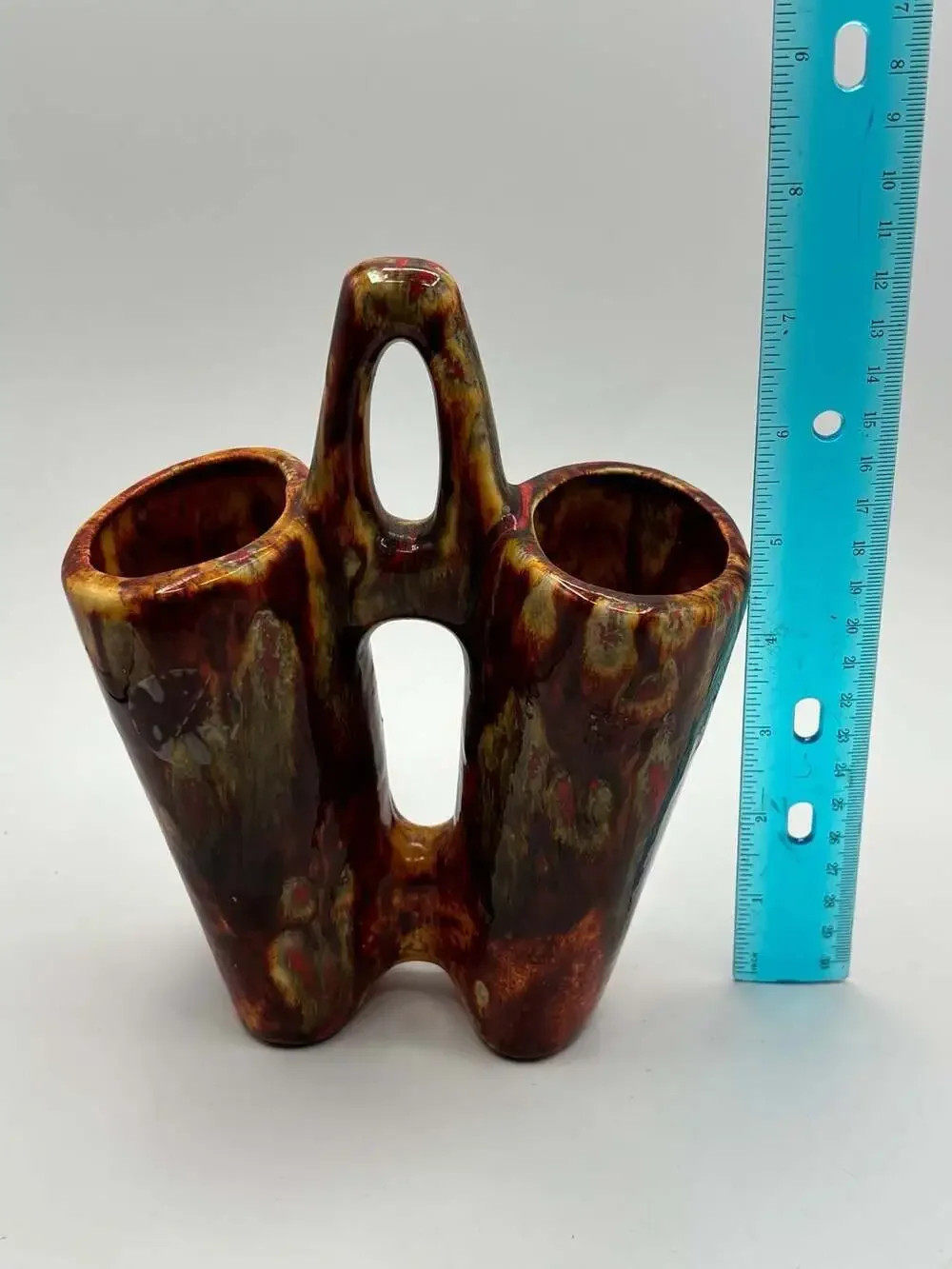 Vintage MCM Ceramic Double Vase w/ Stirrup Handle Red-Orange, Brown Drip Glaze
